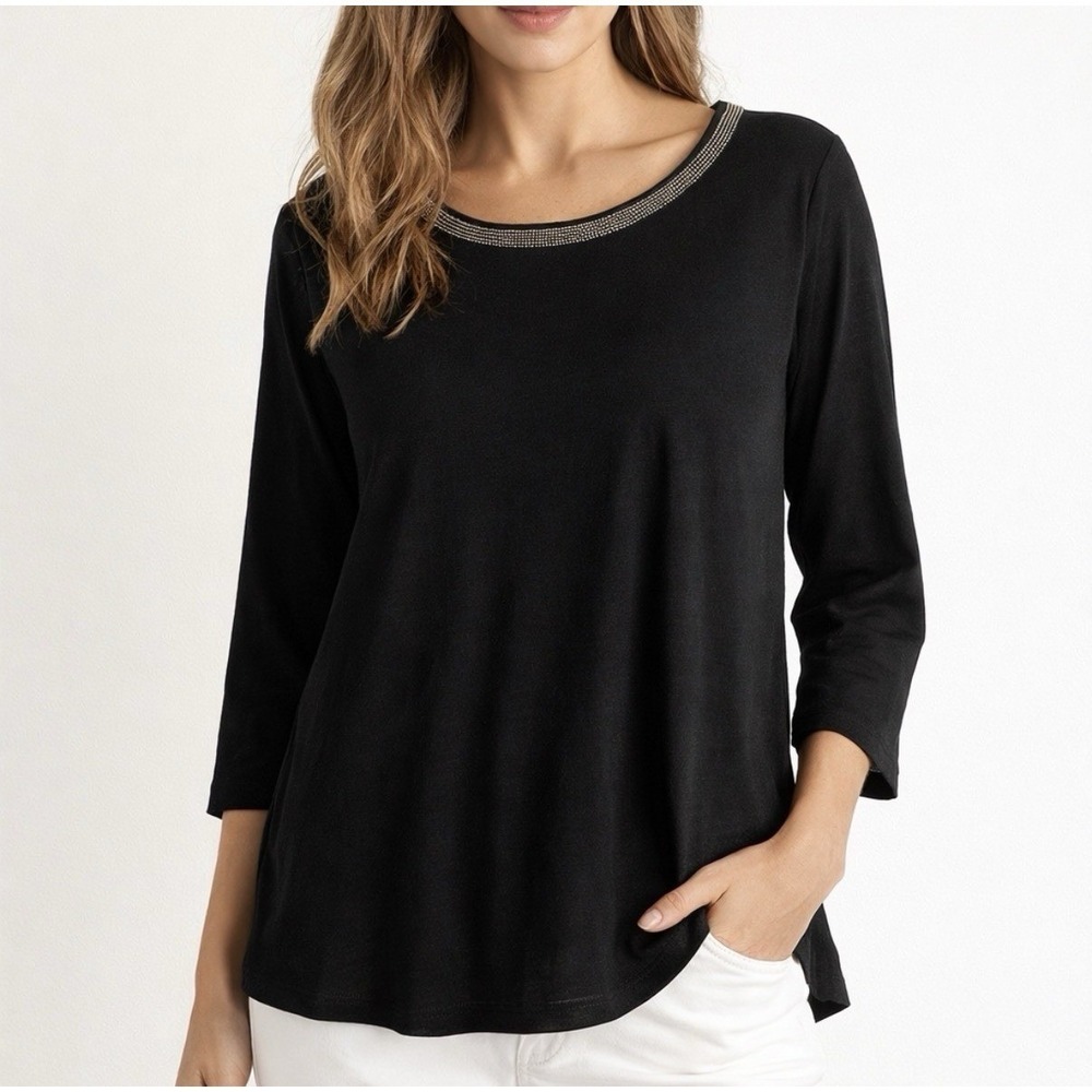 Crosby Black Flowy Blouse Embellished Neckline 3/4 Sleeve Lightweight‎ Top Sz 1X